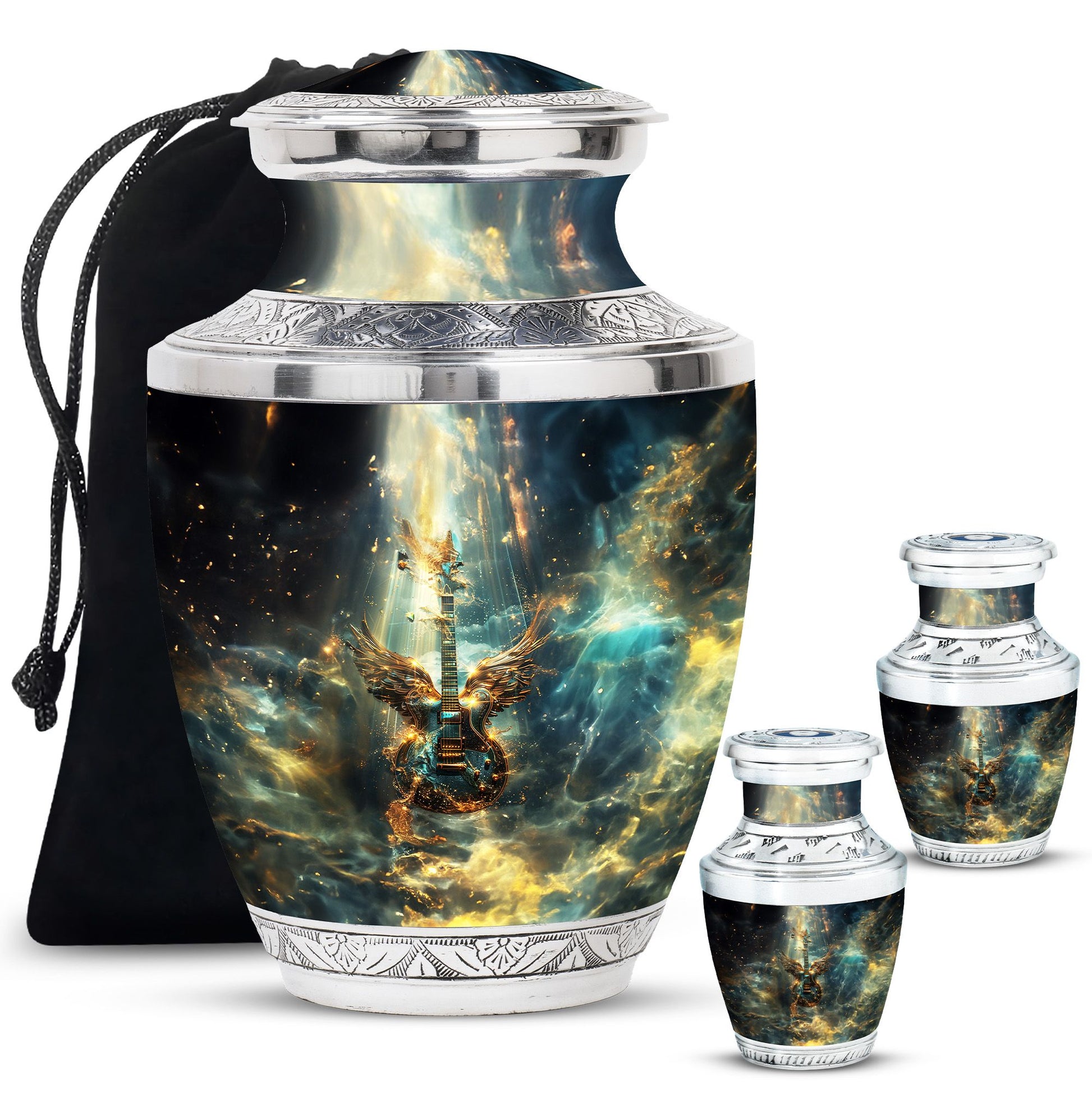Guitar Theme Large Urn With 2 Keepsake Urn