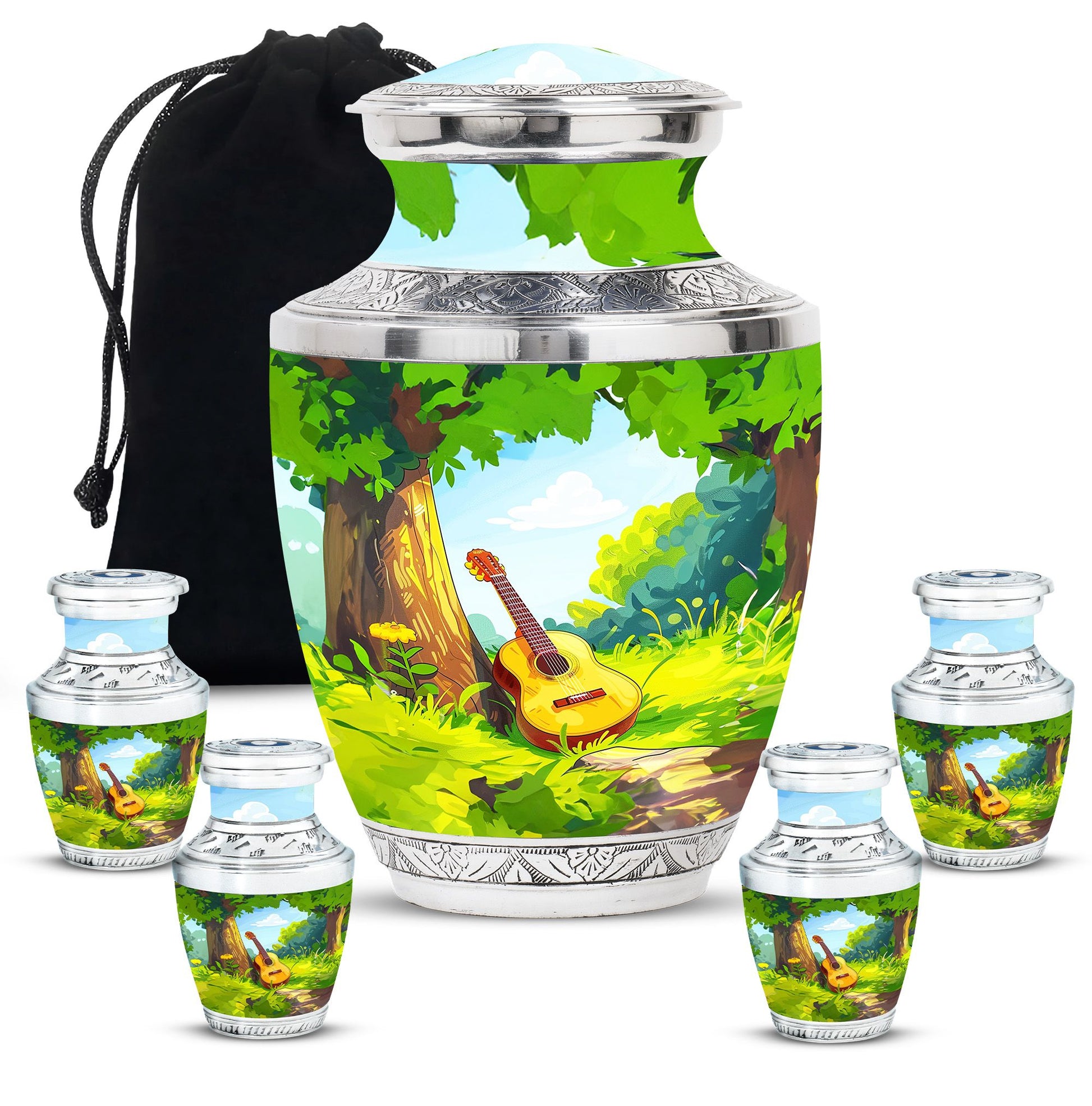 Guitar Theme Large Urn With 4 Keepsake Urn