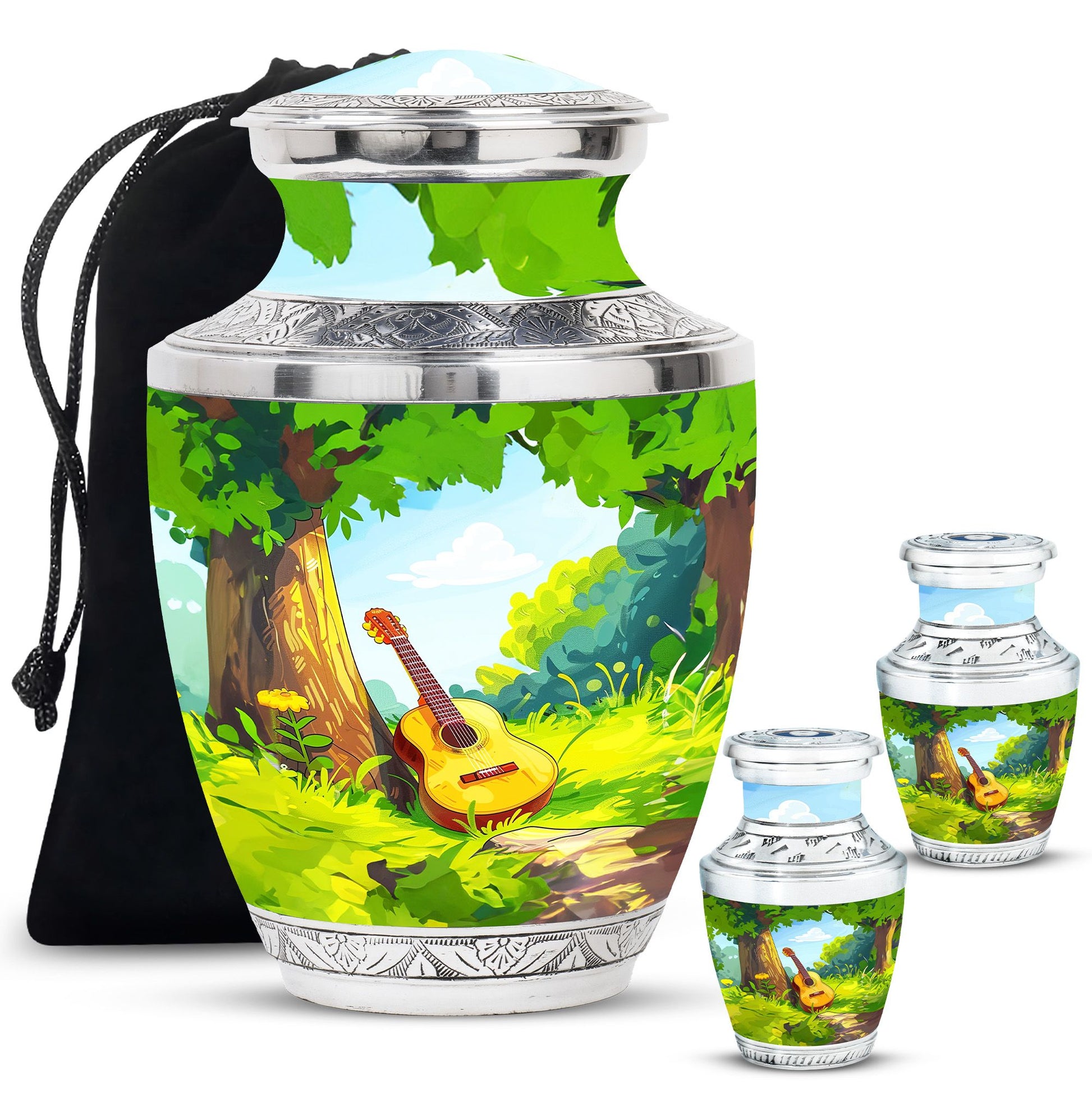 Guitar Theme Large Urn With 2 Keepsake Urn