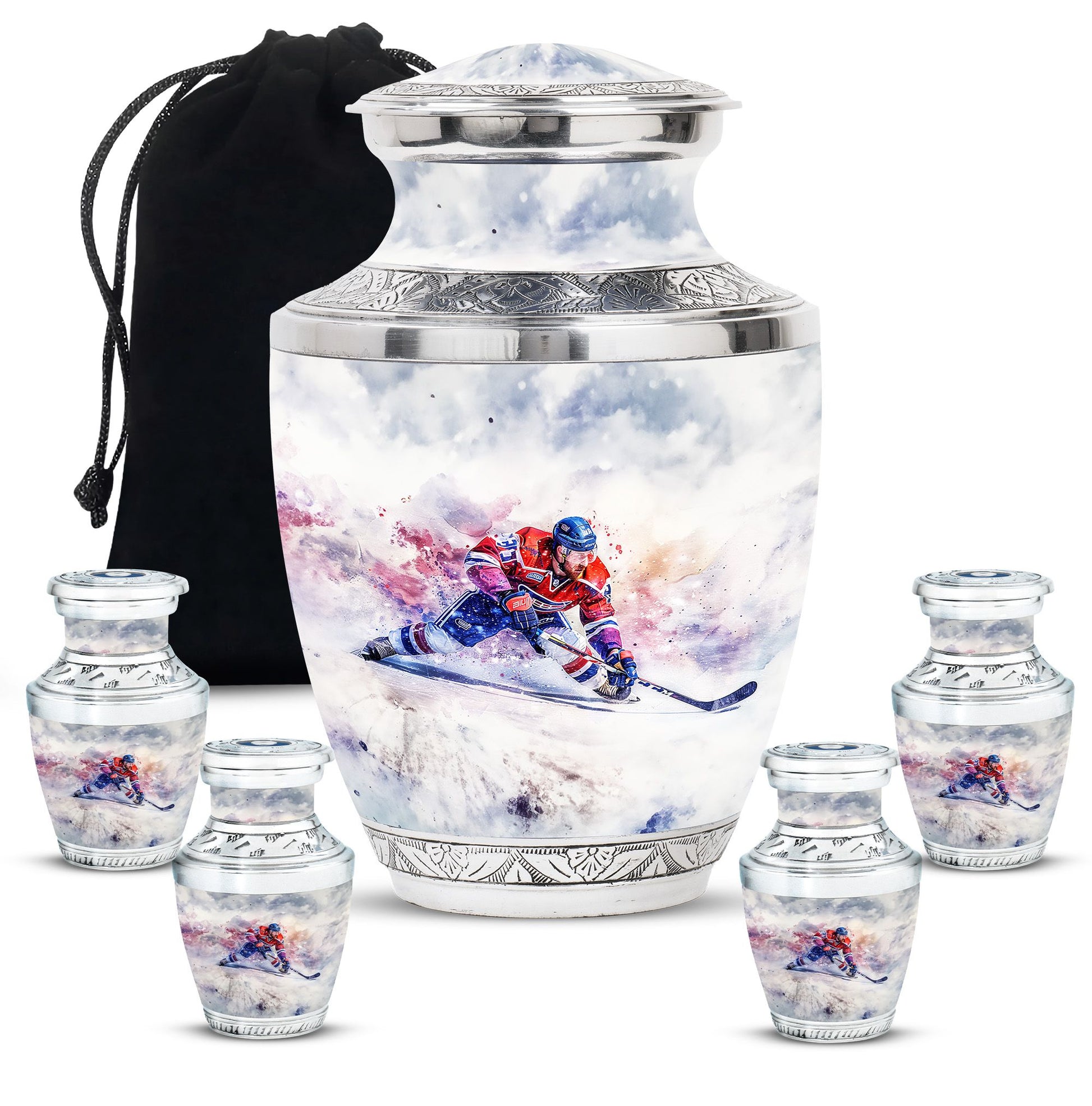 Ice Hockey Theme Large Urn With 4 Keepsake Urn