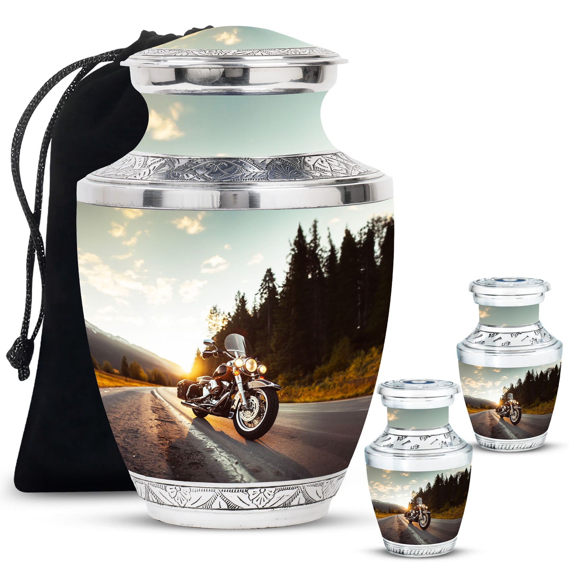 Bike Theme Large Urn With 2 Keepsake Urn