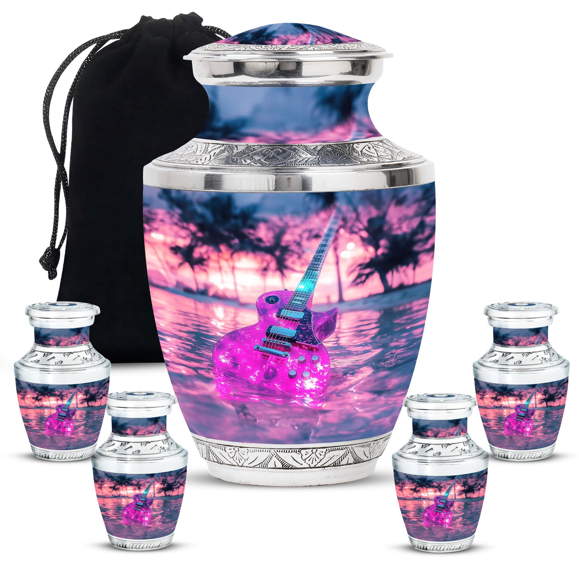 Guitar Theme Large Urn With 4 Keepsake Urn