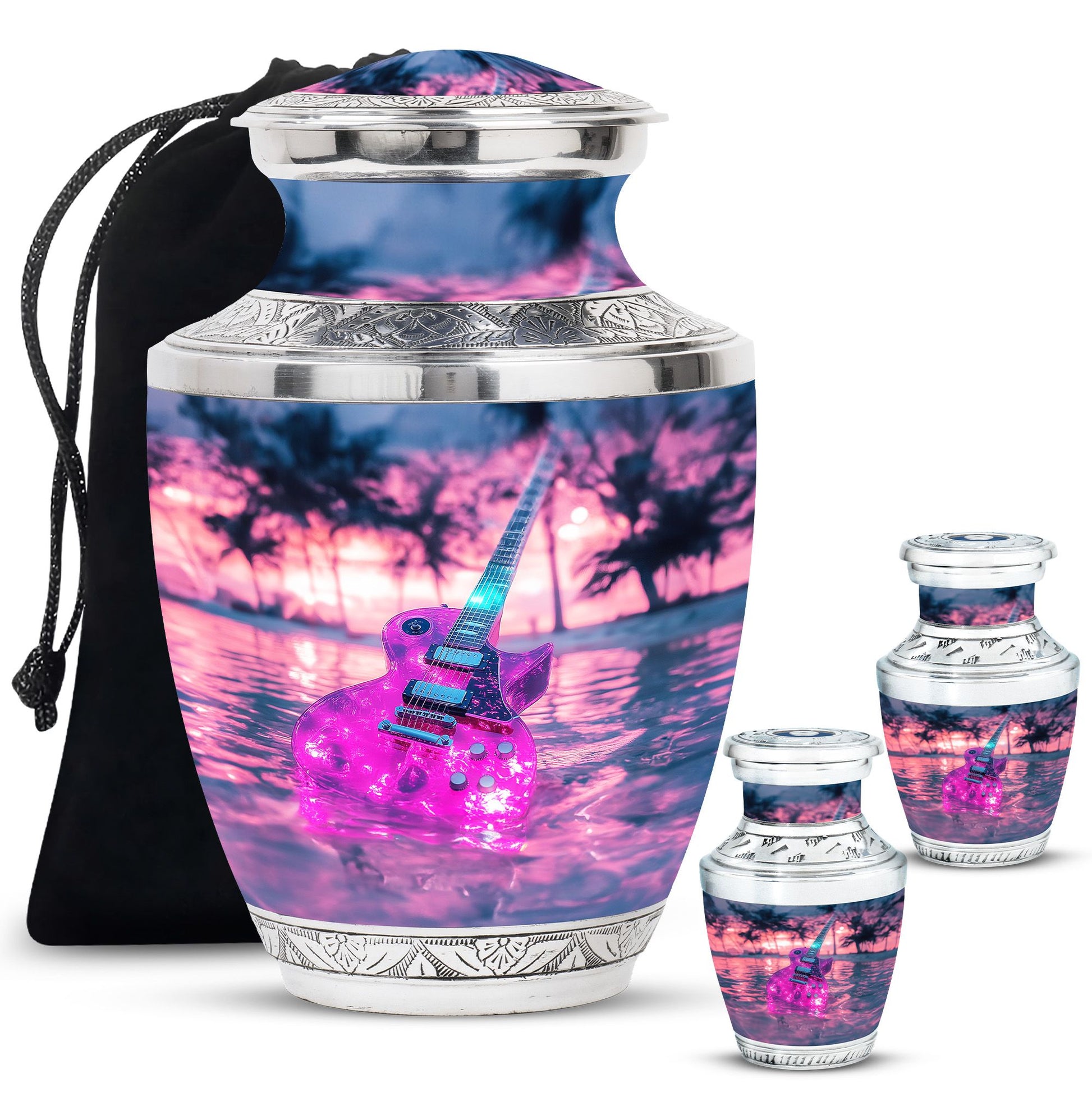 Guitar Theme Large Urn With 2 Keepsake Urn