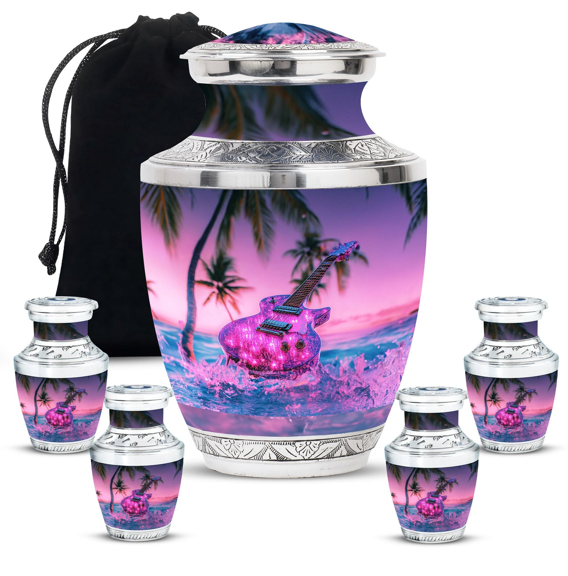 Guitar Theme Large Urn With 4 Keepsake Urn