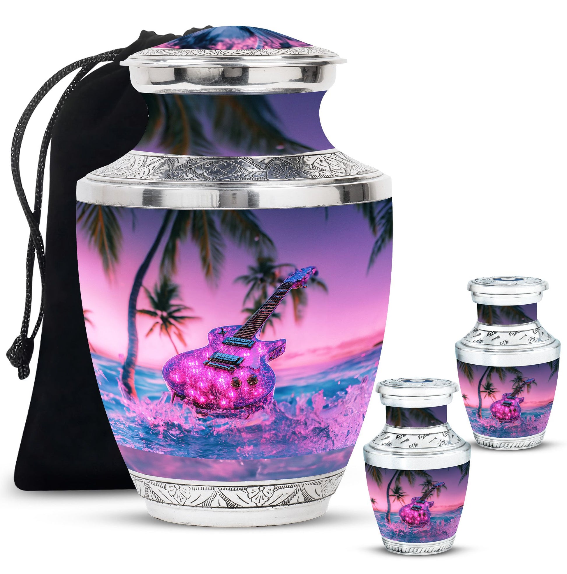 Guitar Theme Large Urn With 2 Keepsake Urn