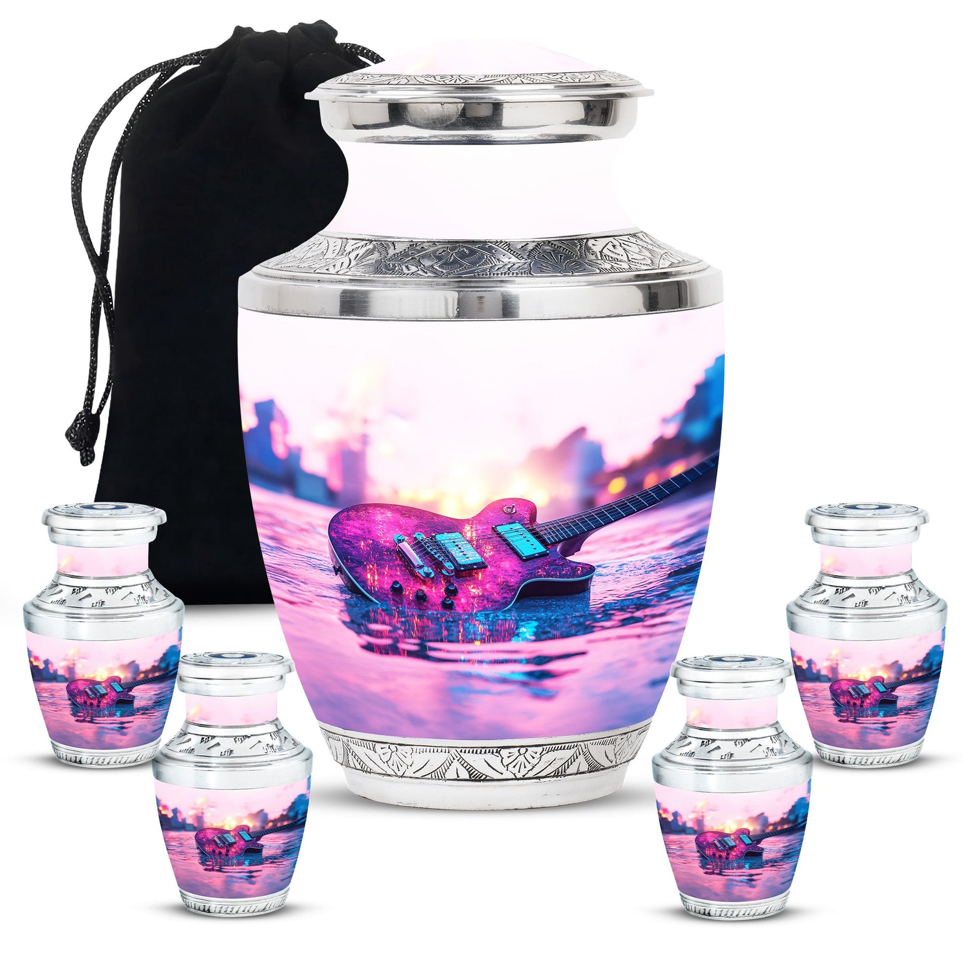 Guitar Theme Large Urn With 4 Keepsake Urn