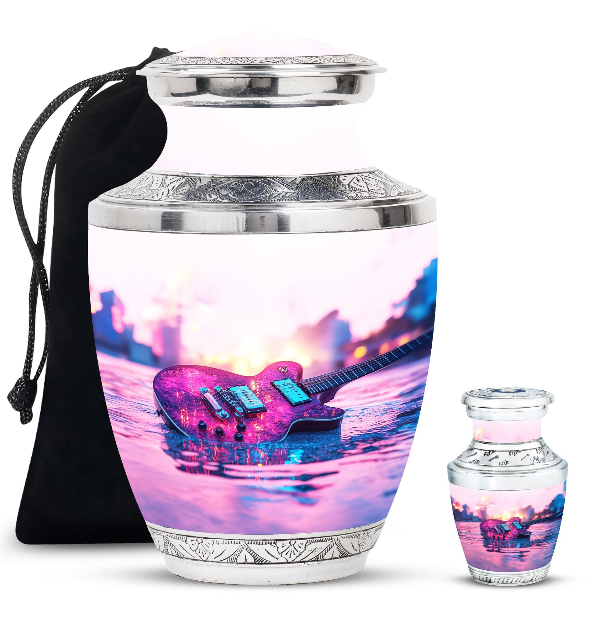 Guitar Theme Large Urn With 1 Keepsake Urn