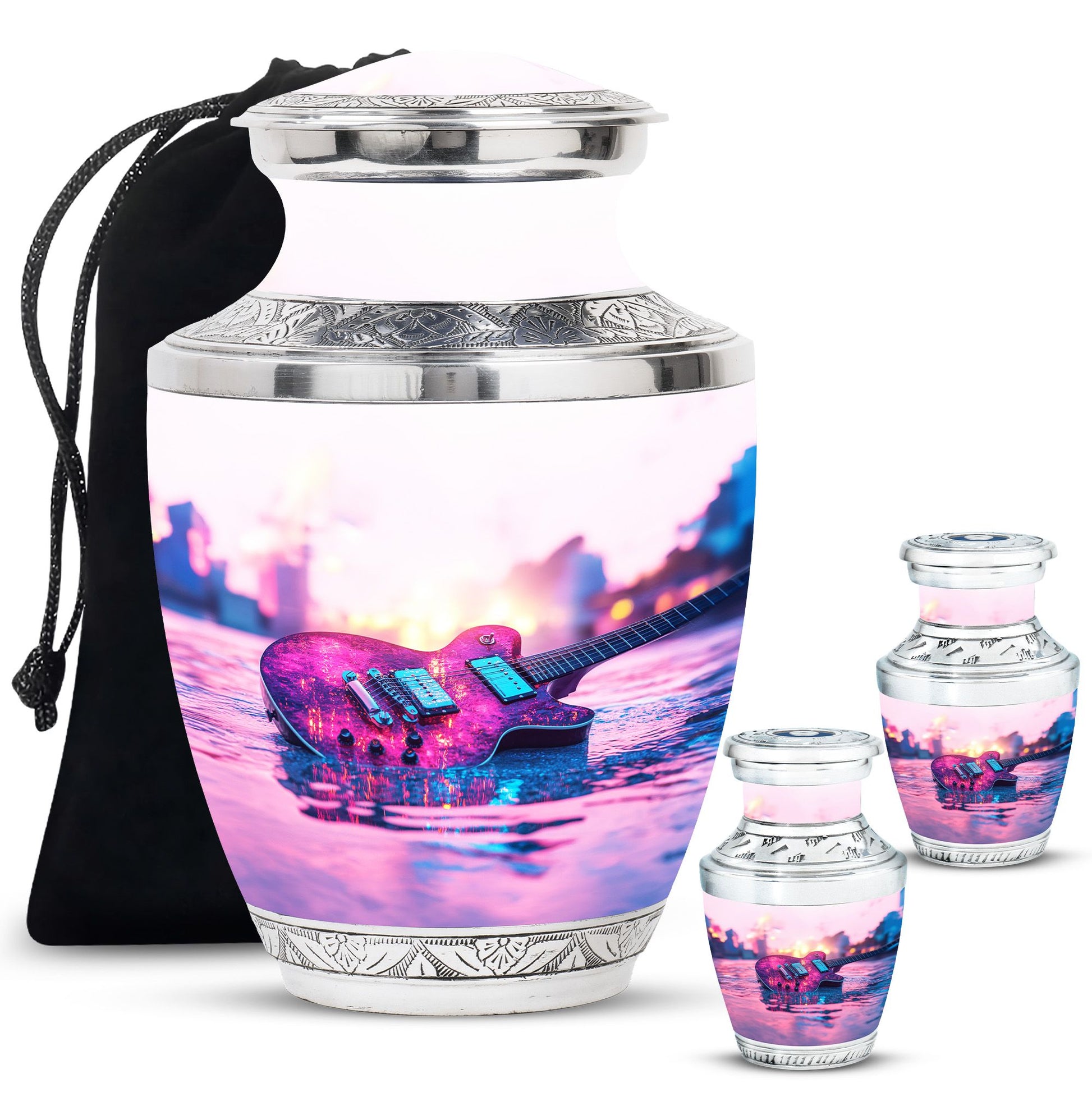 Guitar Theme Large Urn With 2 Keepsake Urn