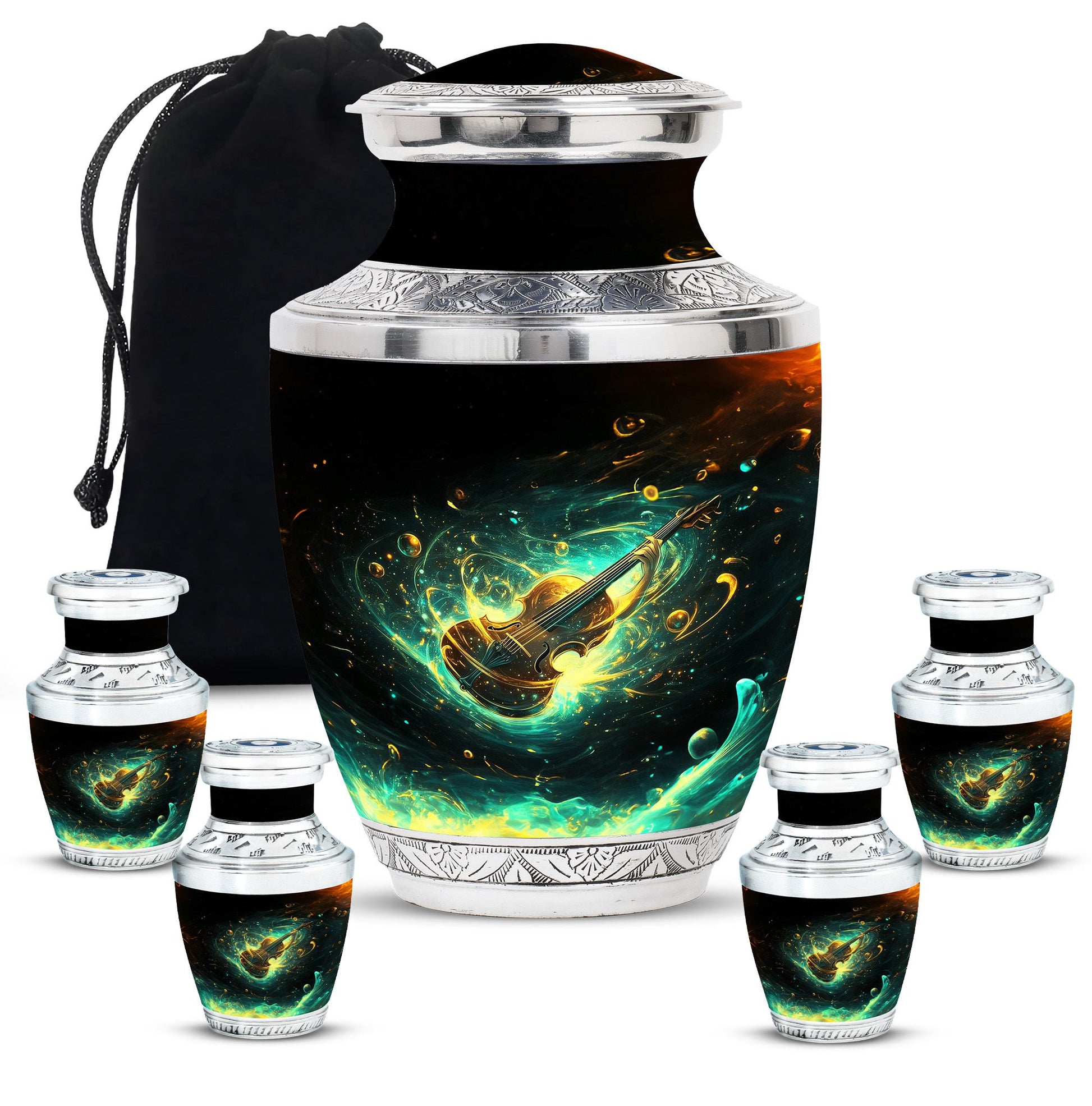 Guitar Theme Large Urn With 4 Keepsake Urn