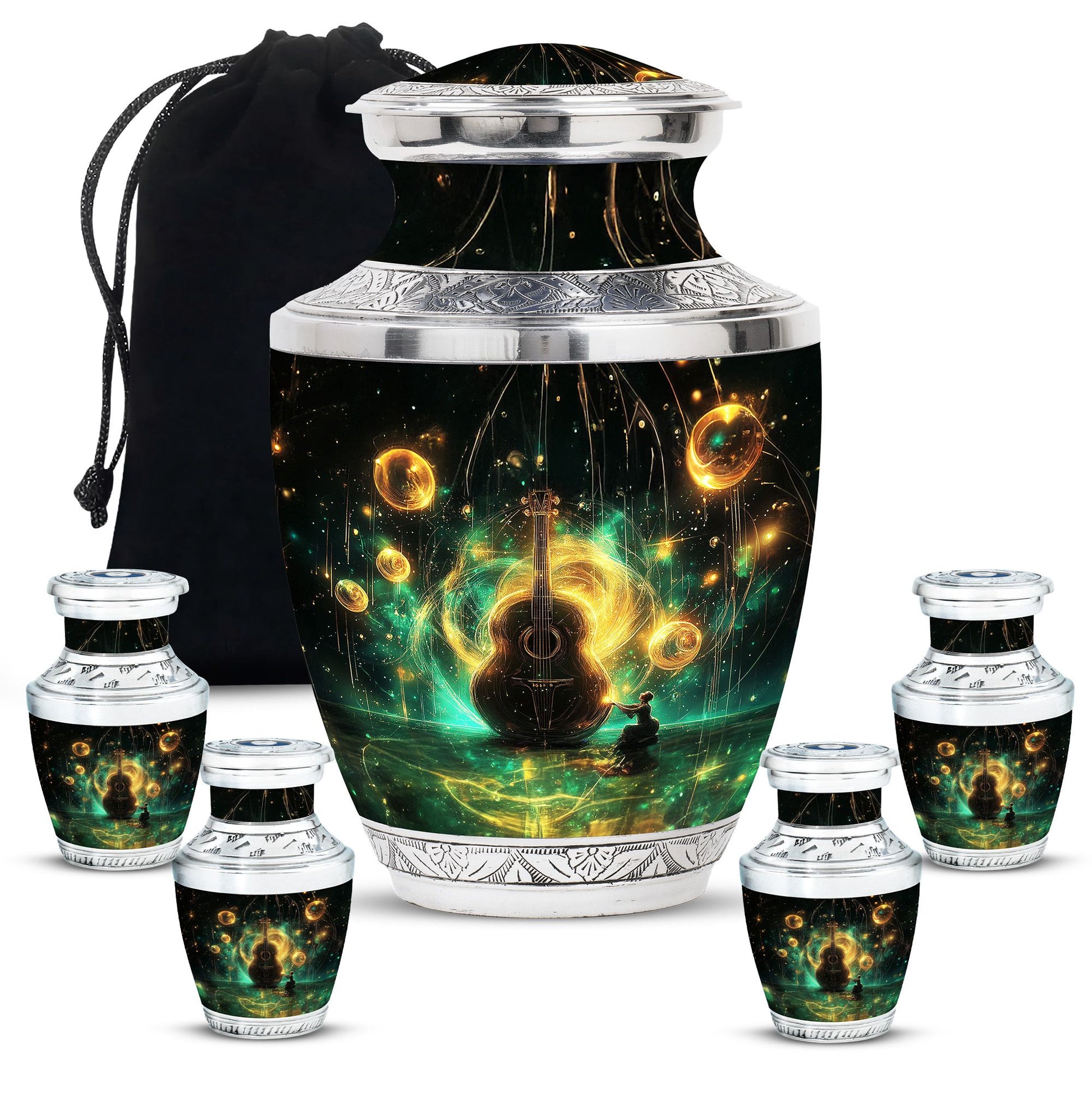 Guitar Theme Large Urn With 4 Keepsake Urn
