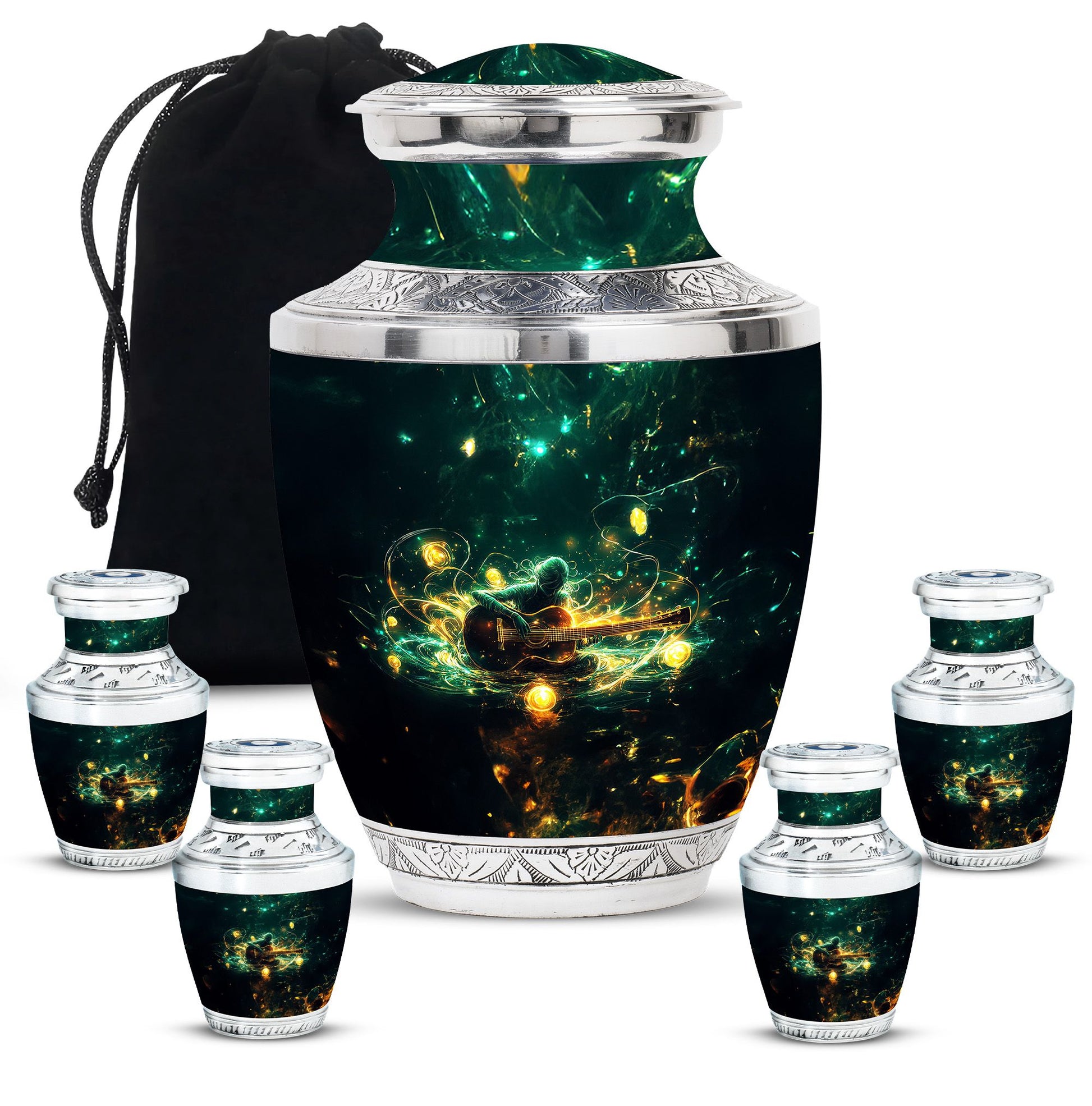 Guitar Theme Large Urn With 4 Keepsake Urn
