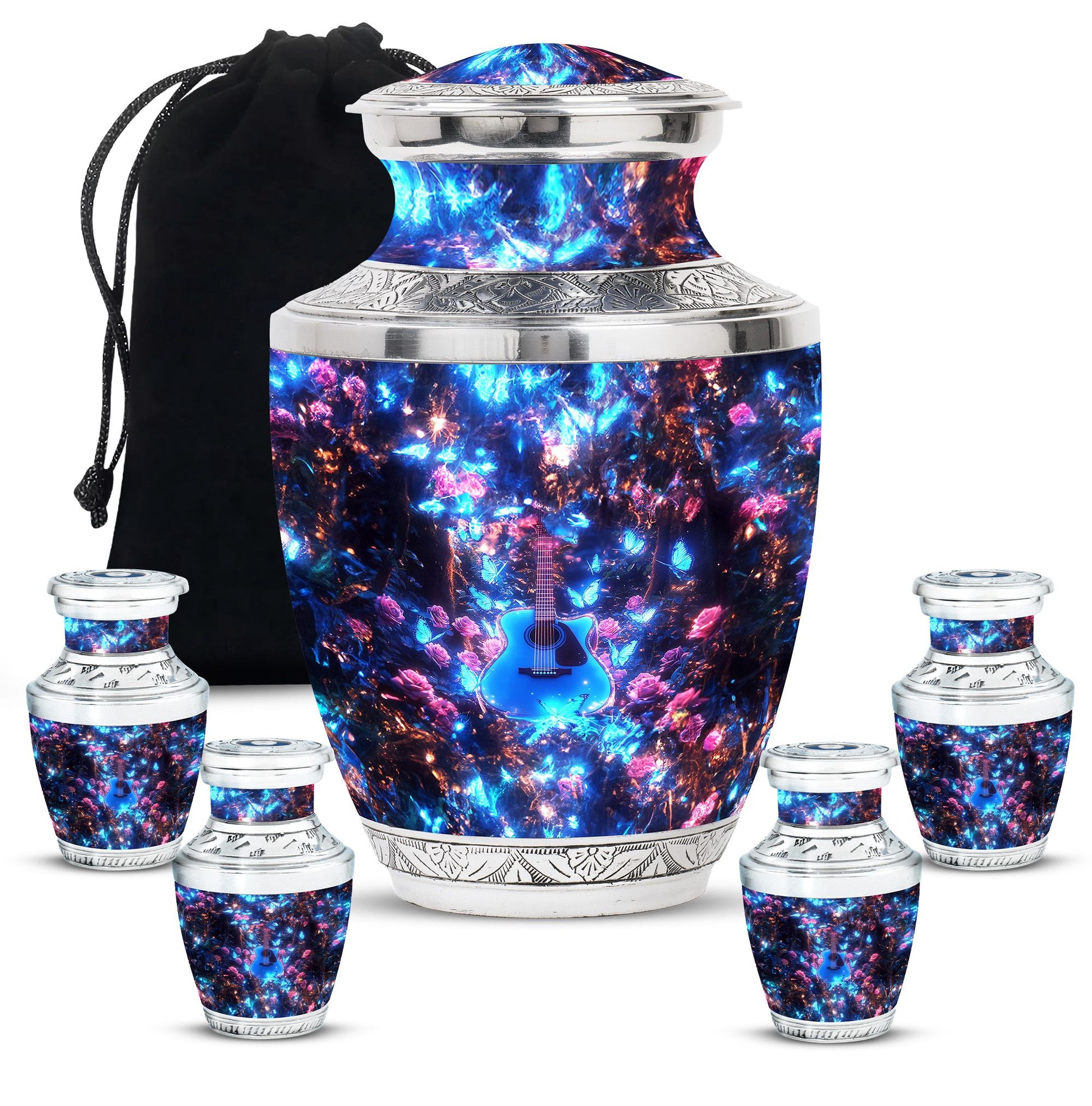 Guitar Theme Large Urn With 4 Keepsake Urn