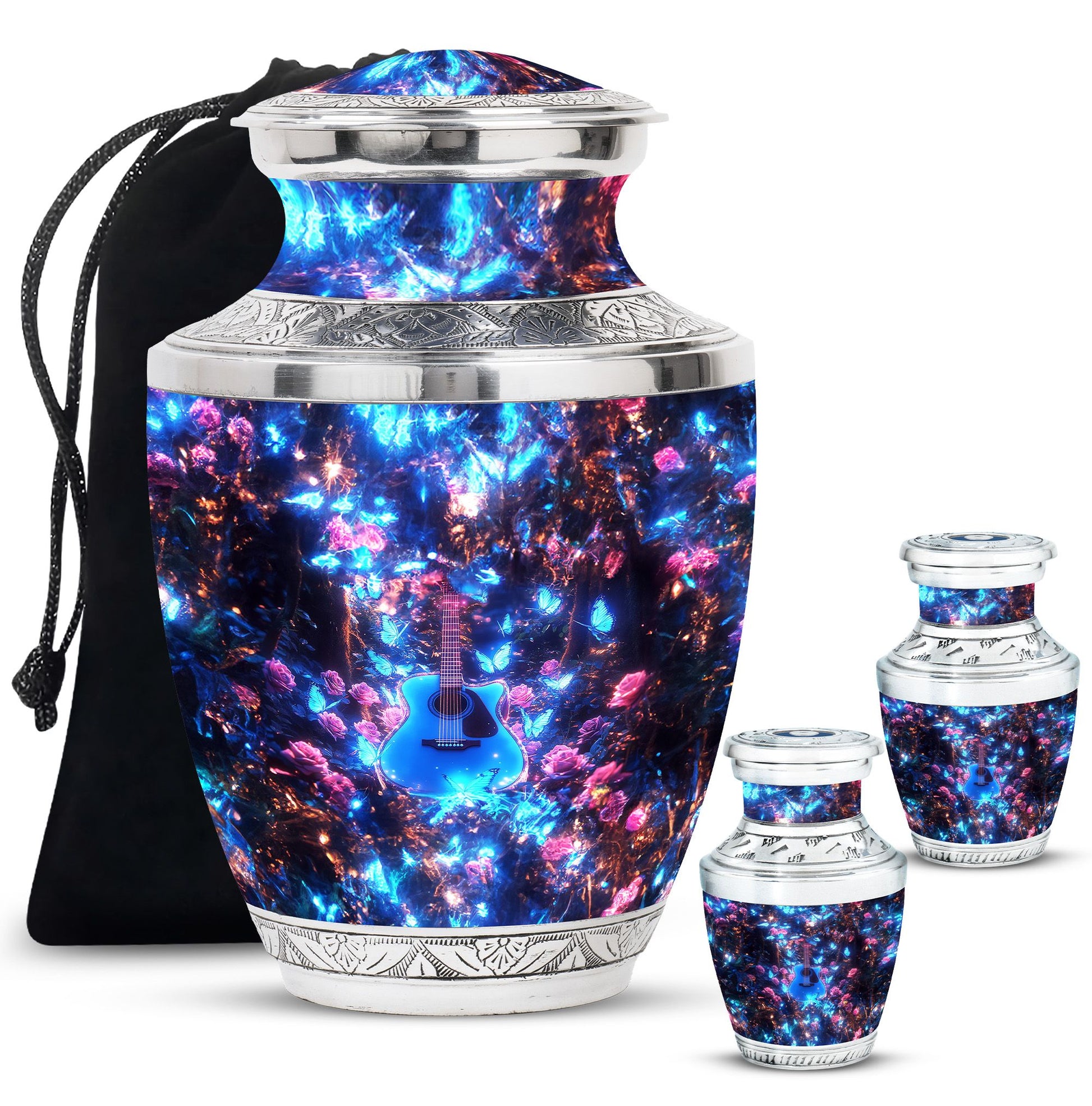 Guitar Theme Large Urn With 2 Keepsake Urn