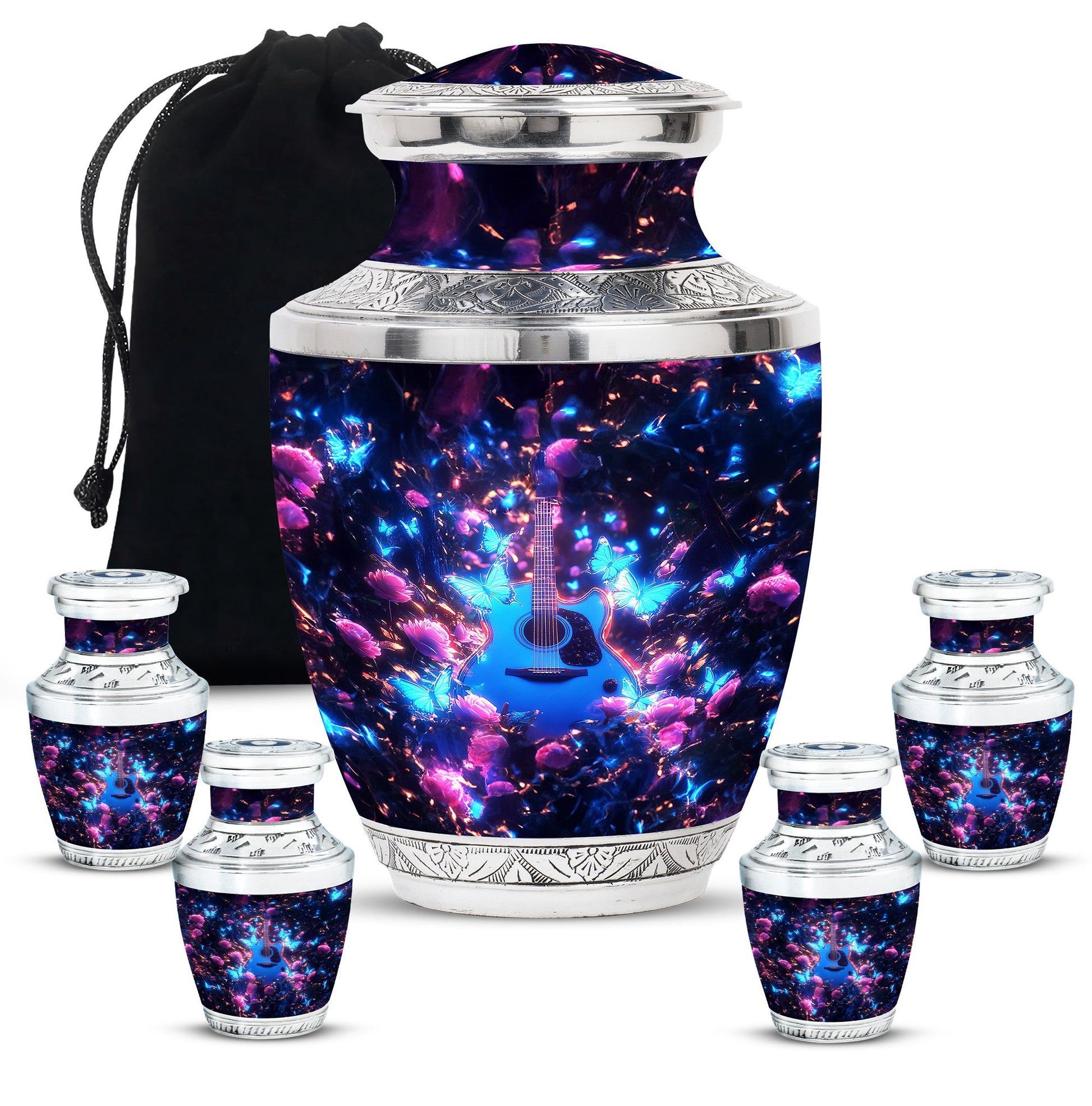 Guitar Theme Large Urn With 4 Keepsake Urn