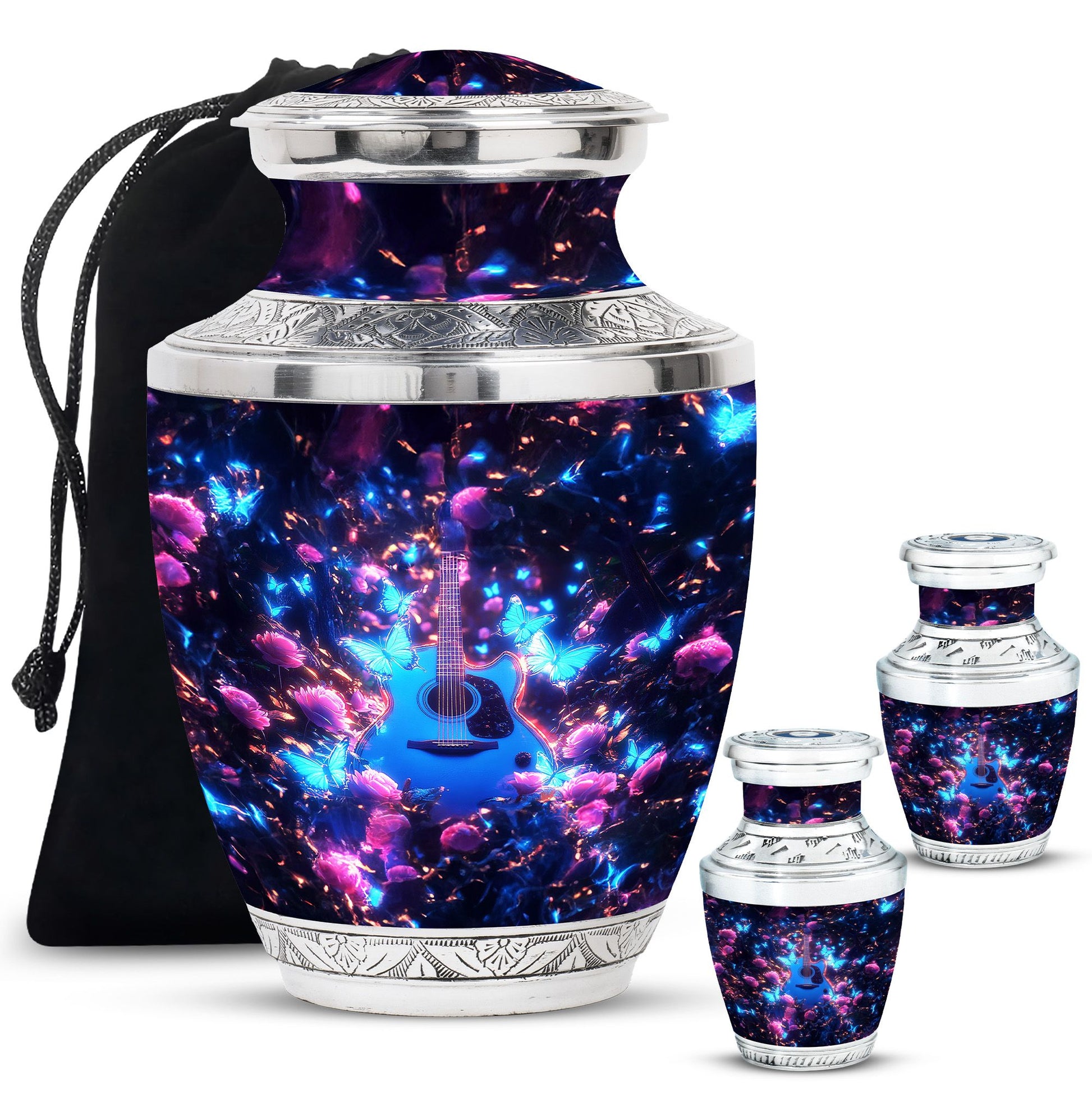 Guitar Theme Large Urn With 2 Keepsake Urn