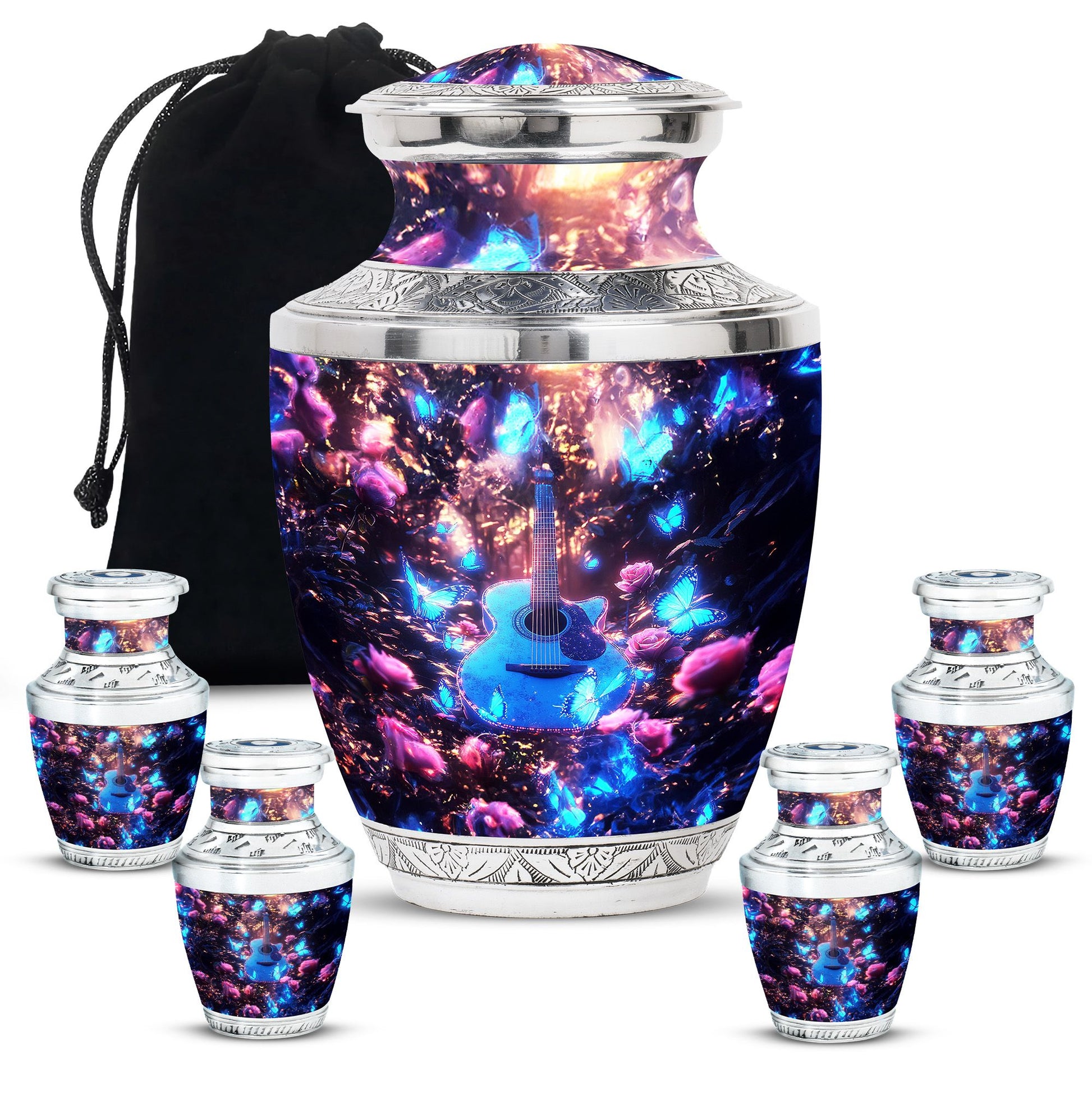 Guitar Theme Large Urn With 4 Keepsake Urn