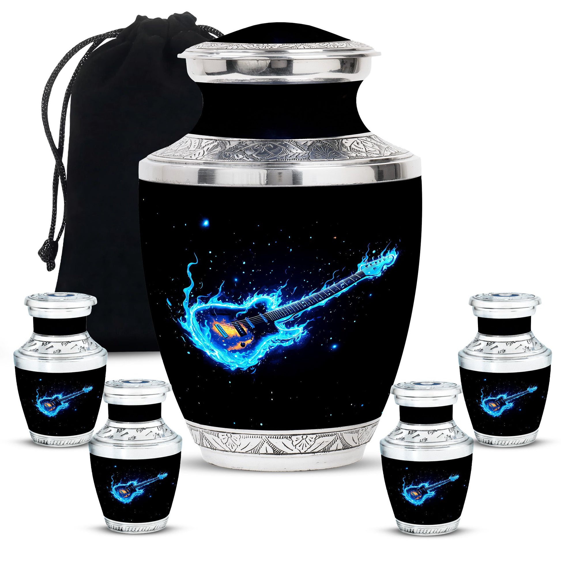 Guitar Theme Large Urn With 4 Keepsake Urn