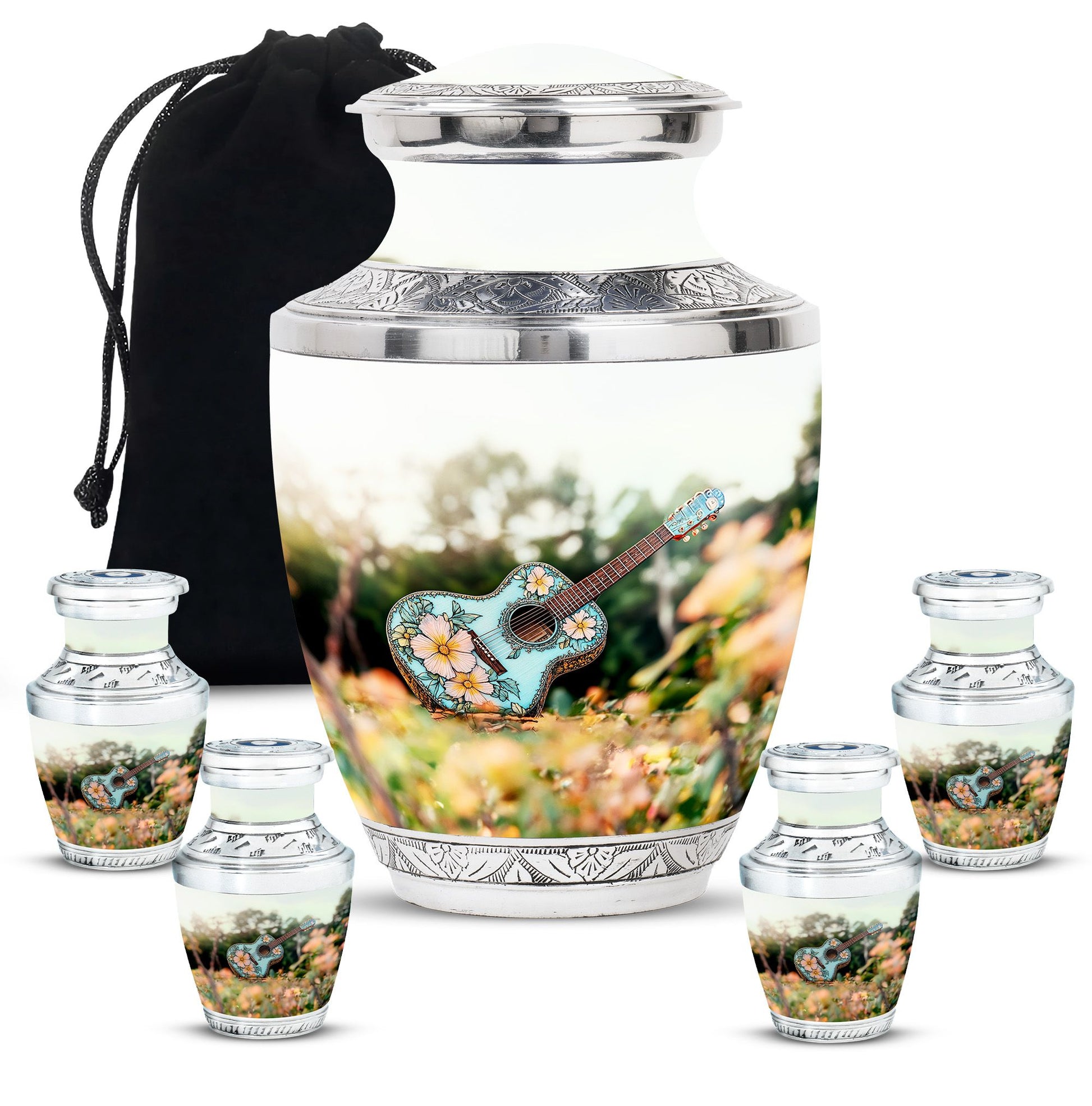 Guitar Theme Large Urn With 4 Keepsake Urn