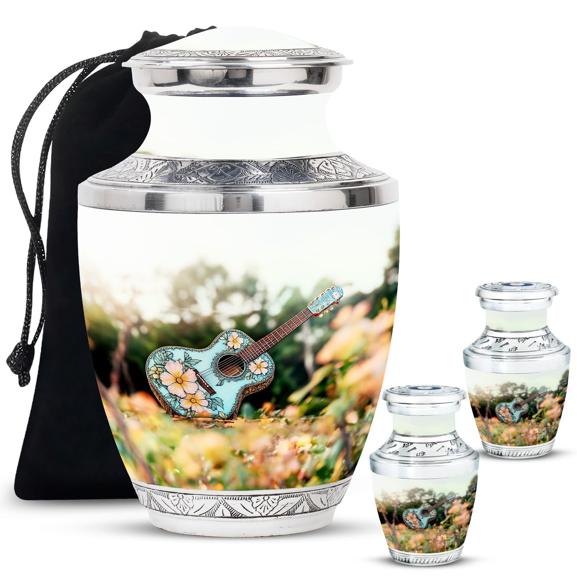 Guitar Theme Large Urn With 2 Keepsake Urn