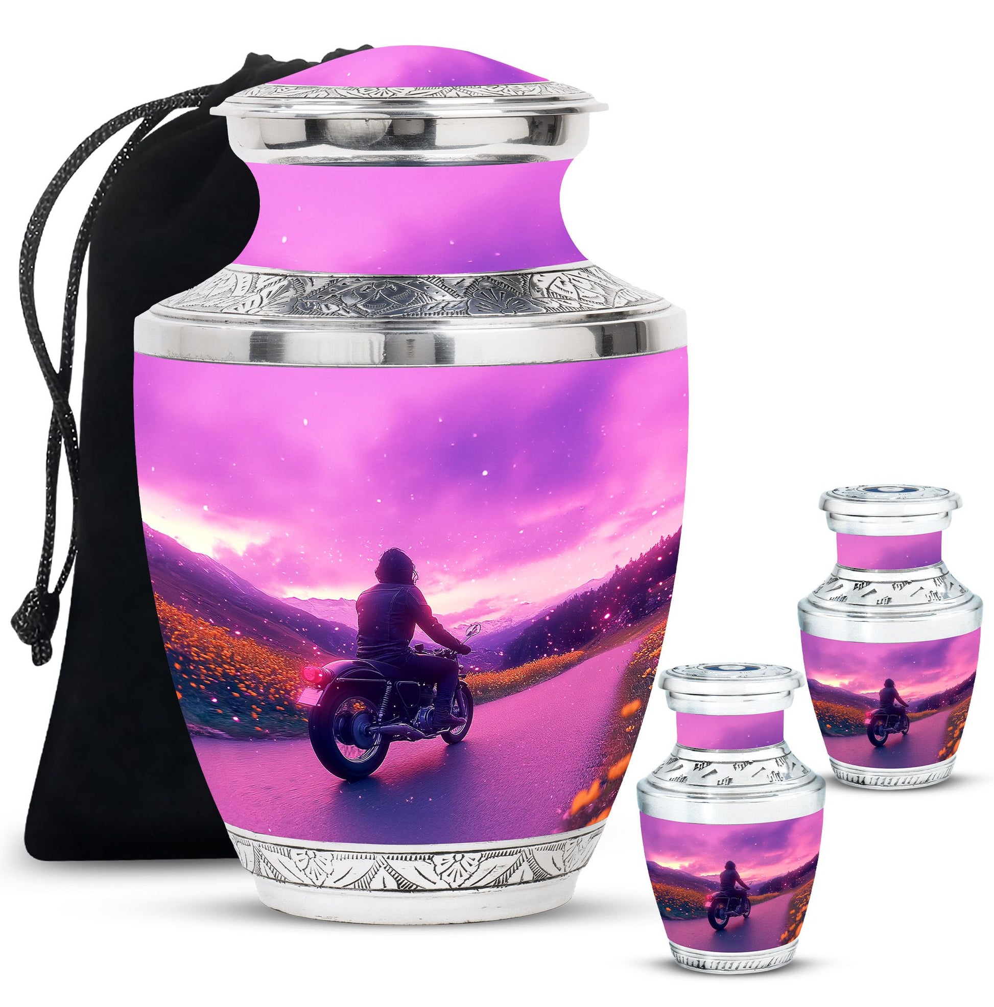 Motorbike Riders Theme Large Urn With 2 Keepsake Urn