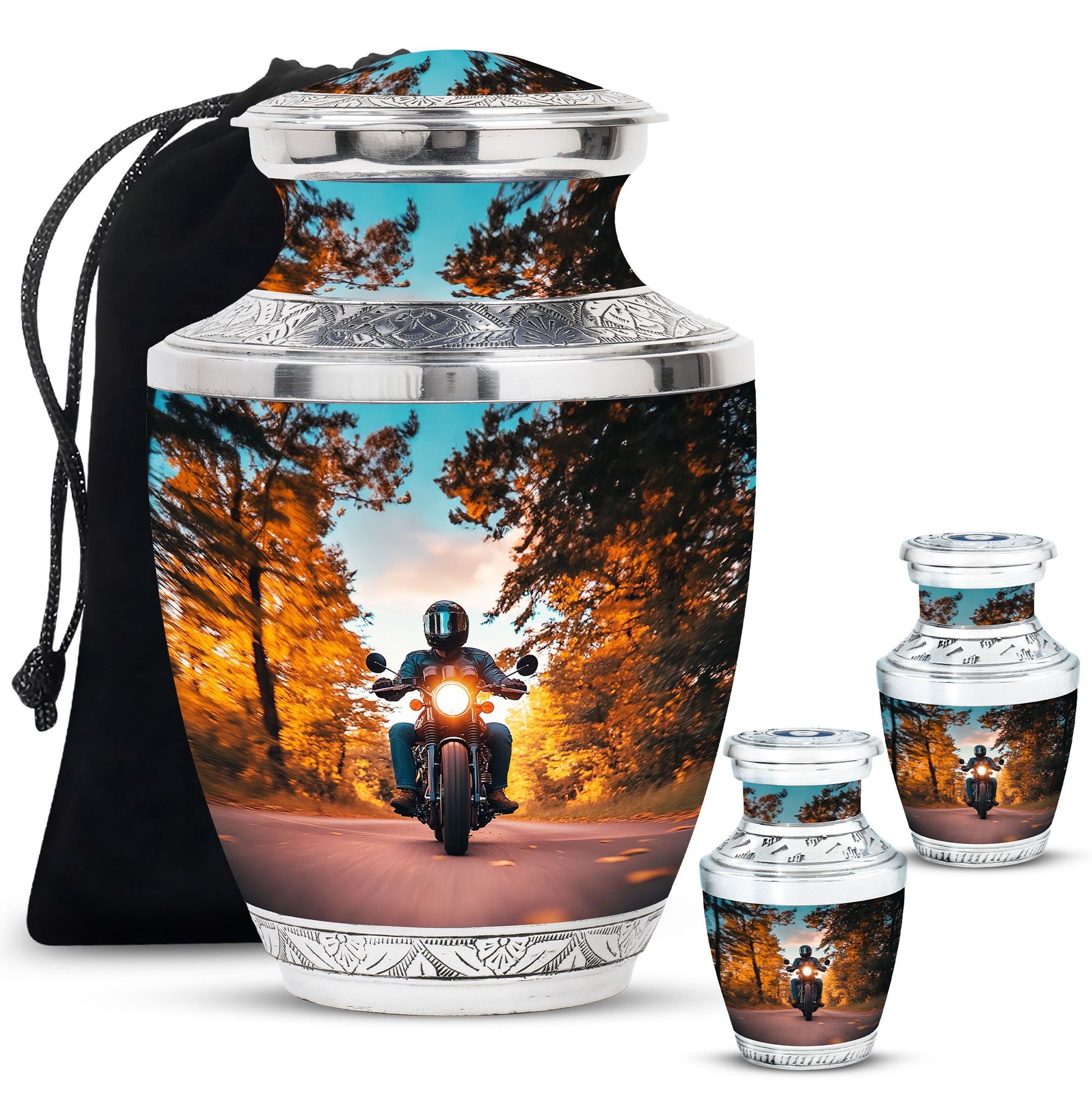 Motorbike Riders Theme Large Urn With 2 Keepsake Urn
