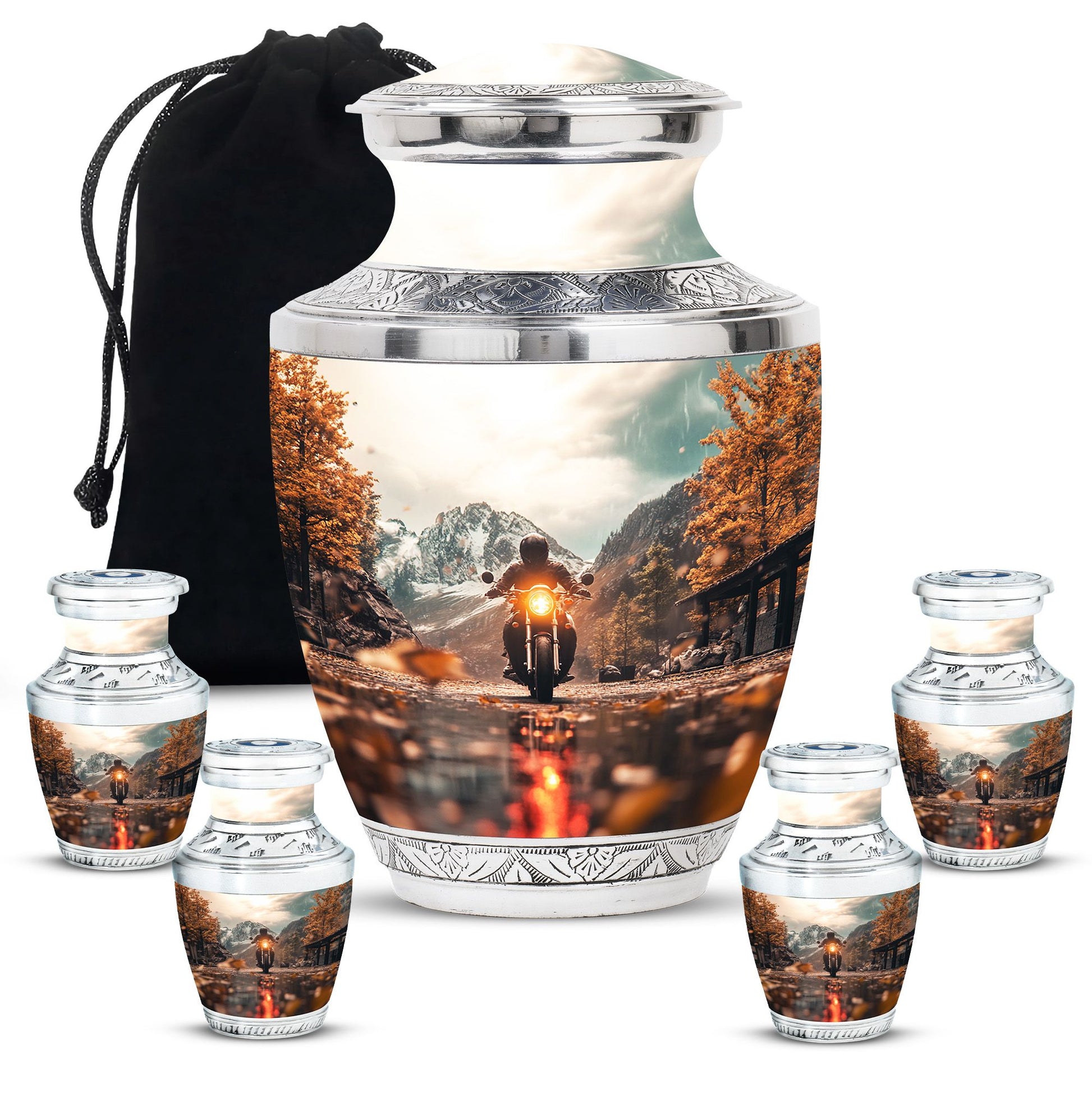 Motorbike Riders Theme Large Urn With 4 Keepsake Urn
