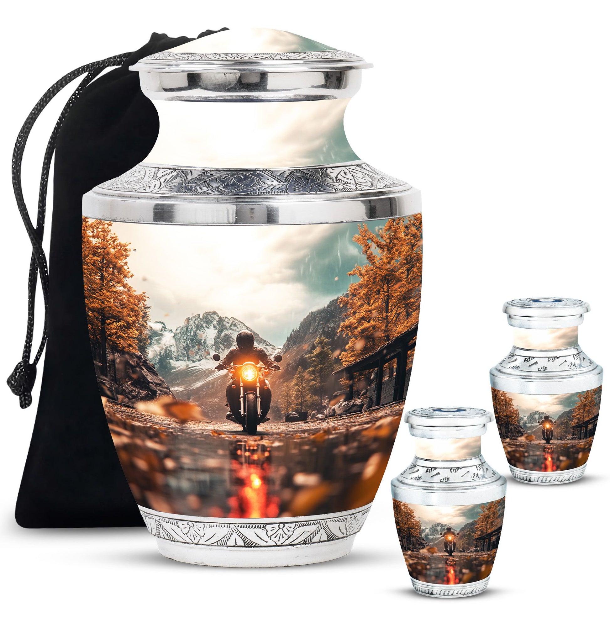 Motorbike Riders Theme Large Urn With 2 Keepsake Urn