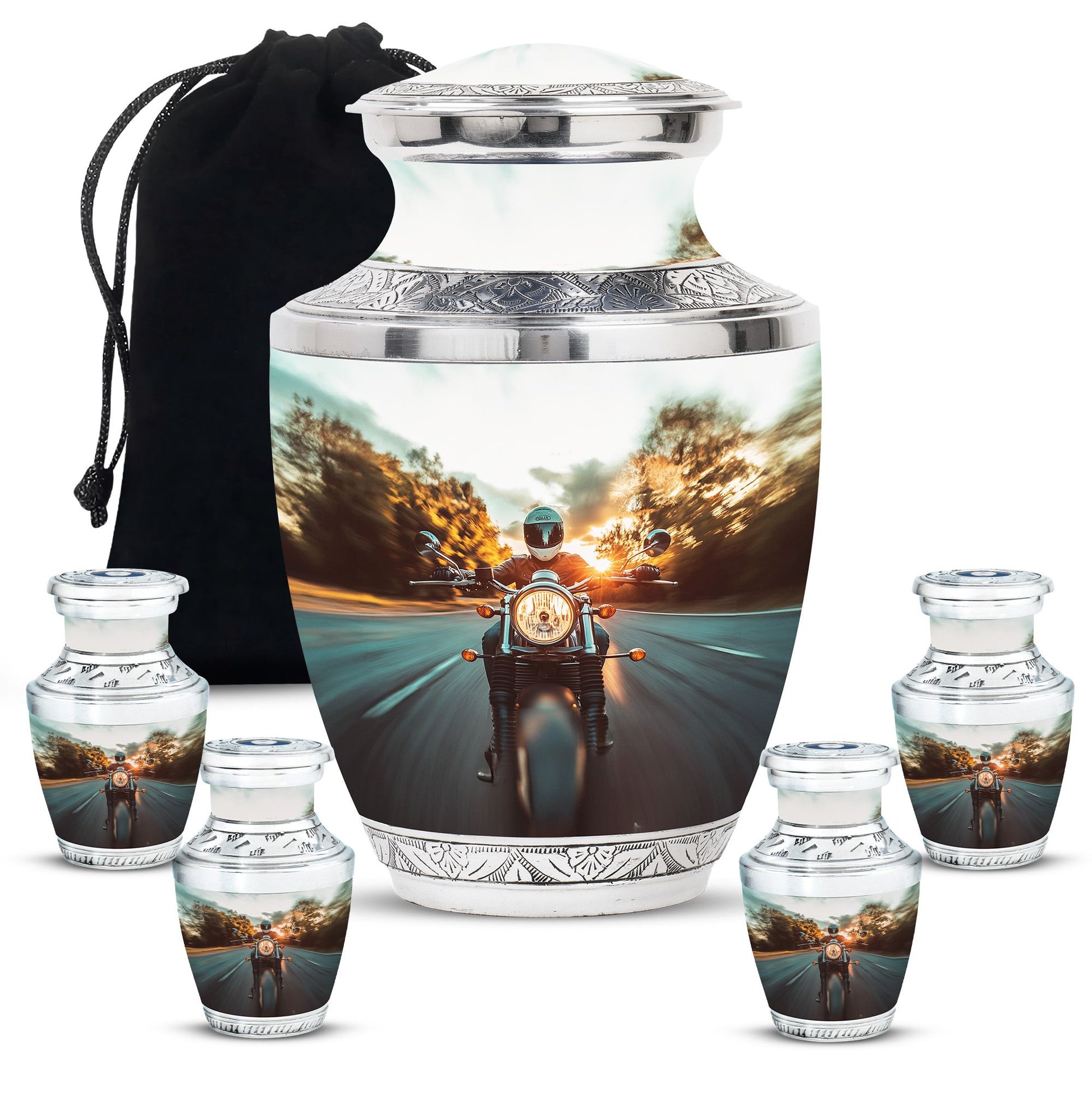 Motorbike Riders Theme Large Urn With 4 Keepsake Urn