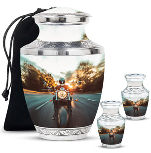 Motorbike Riders Theme Large Urn With 2 Keepsake Urn