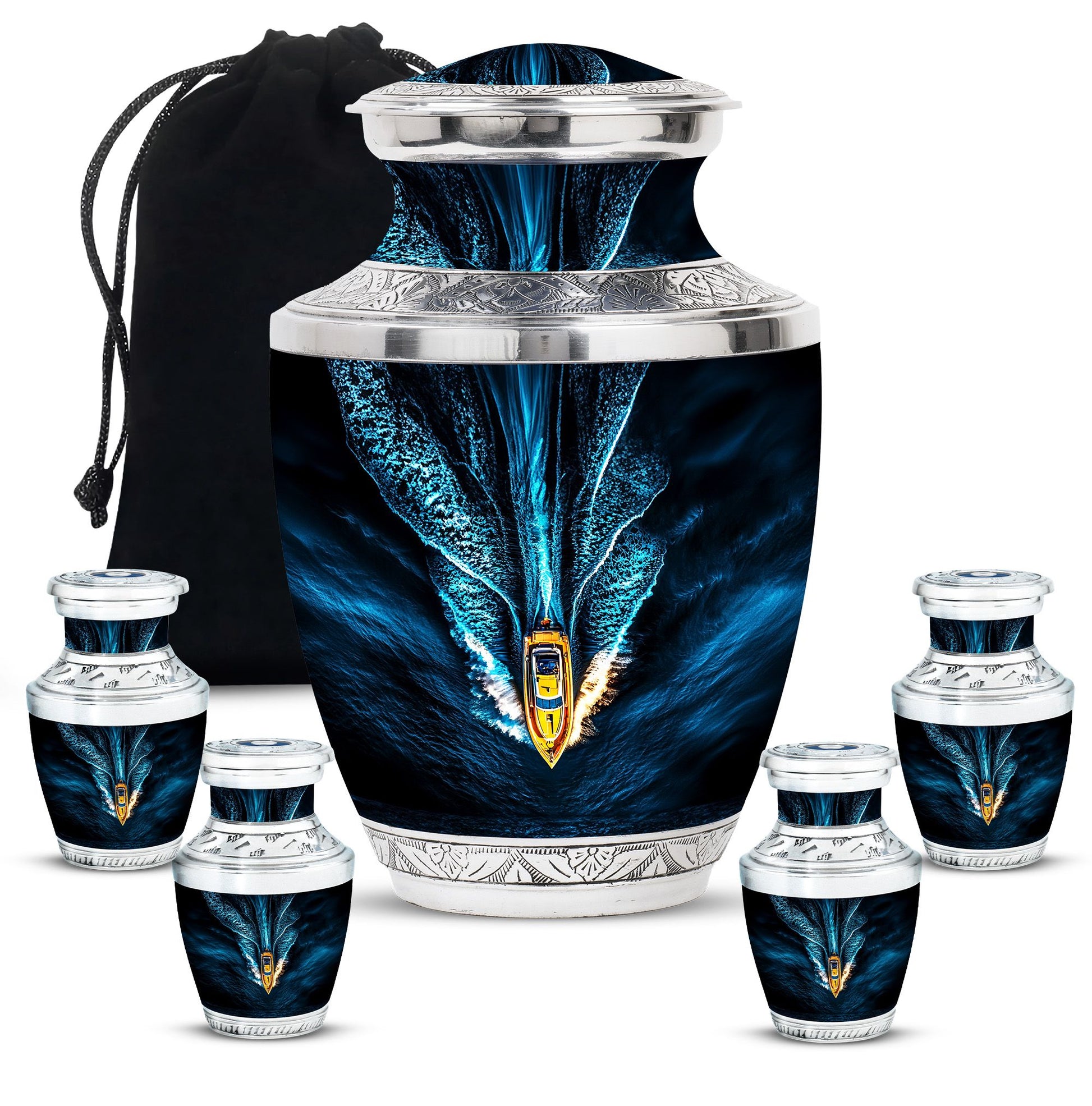 Speed Boat Theme Large Urn With 4 Keepsake Urn