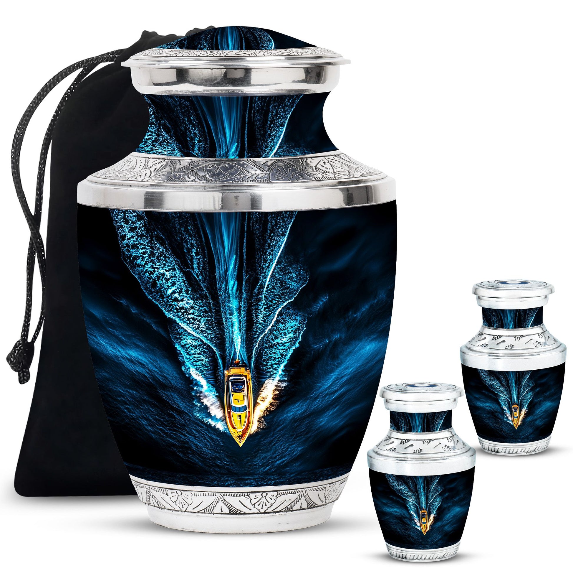 Speed Boat Theme Large Urn With 2 Keepsake Urn