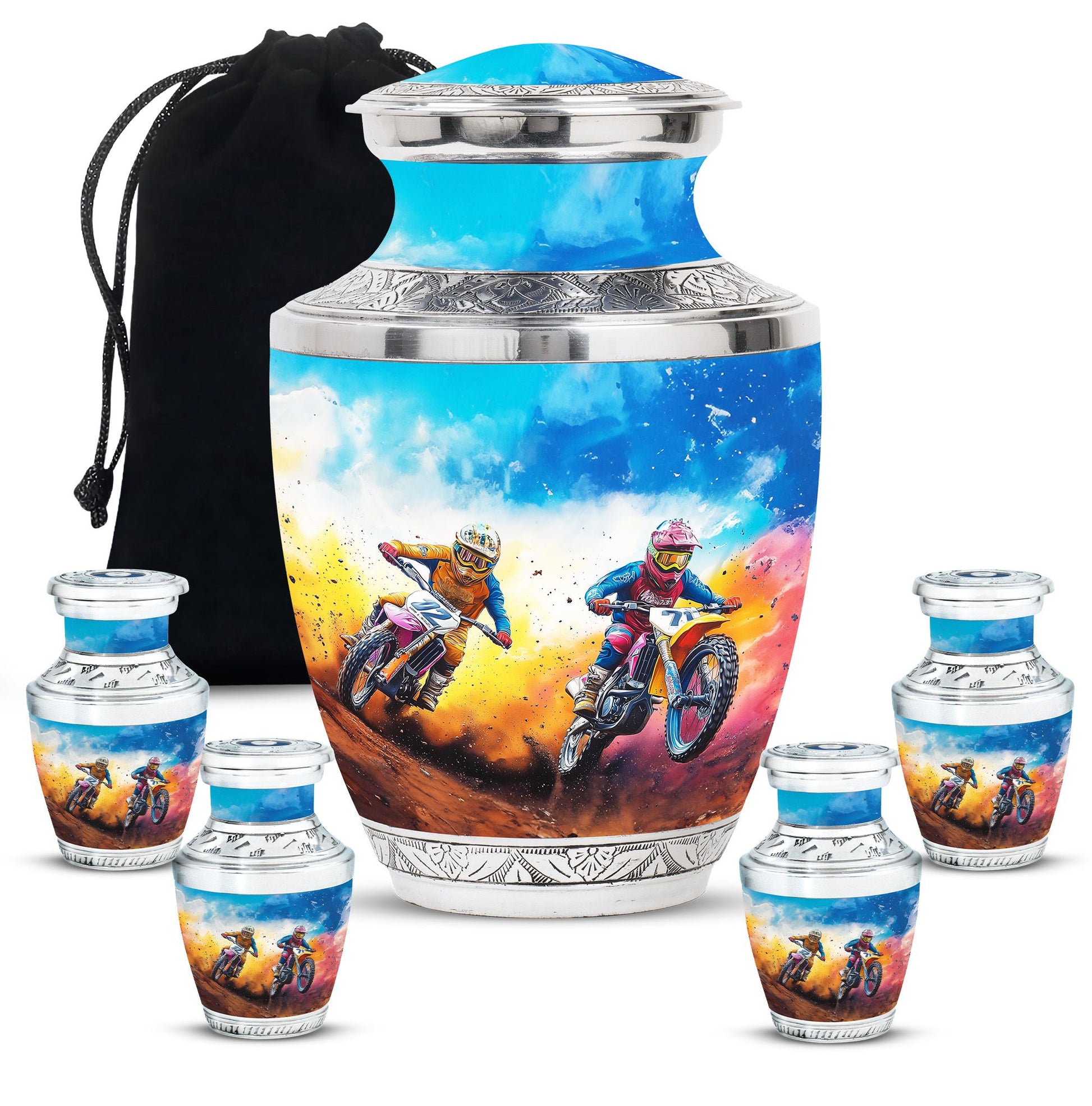 Motorbike Race Theme Large Urn With 4 Keepsake Urn