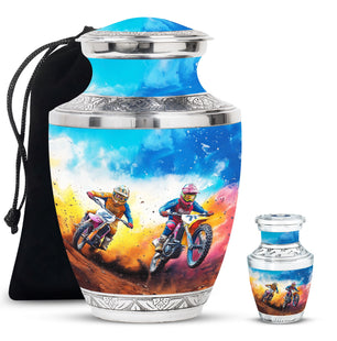 Motorbike Race Theme Large Urn With 1 Keepsake Urn