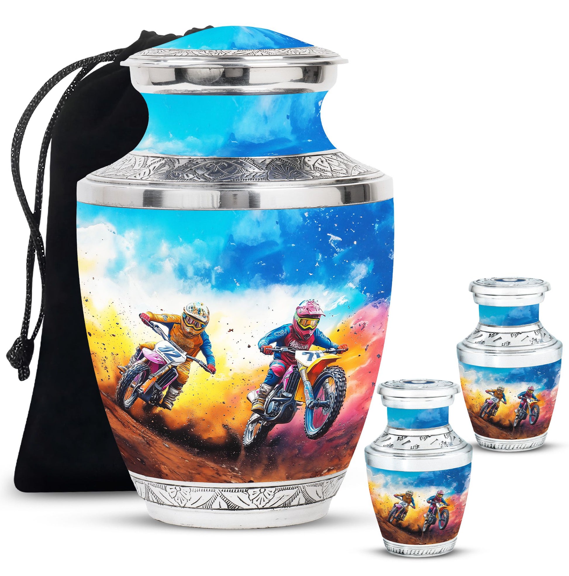Motorbike Race Theme Large Urn With 2 Keepsake Urn