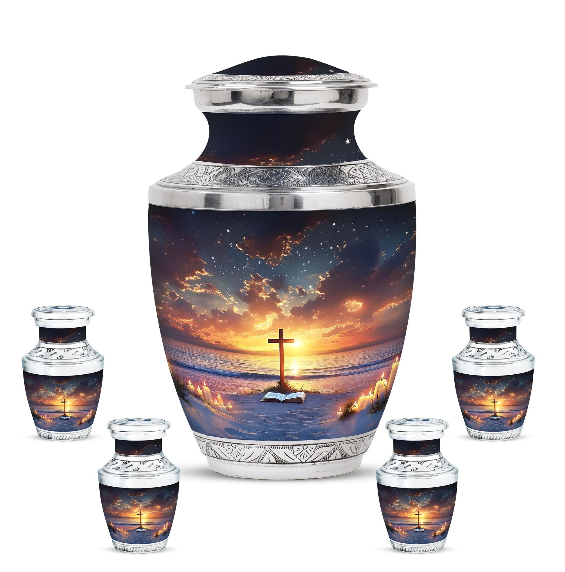 Cross Theme Large Urn With 4 Keepsake Urn