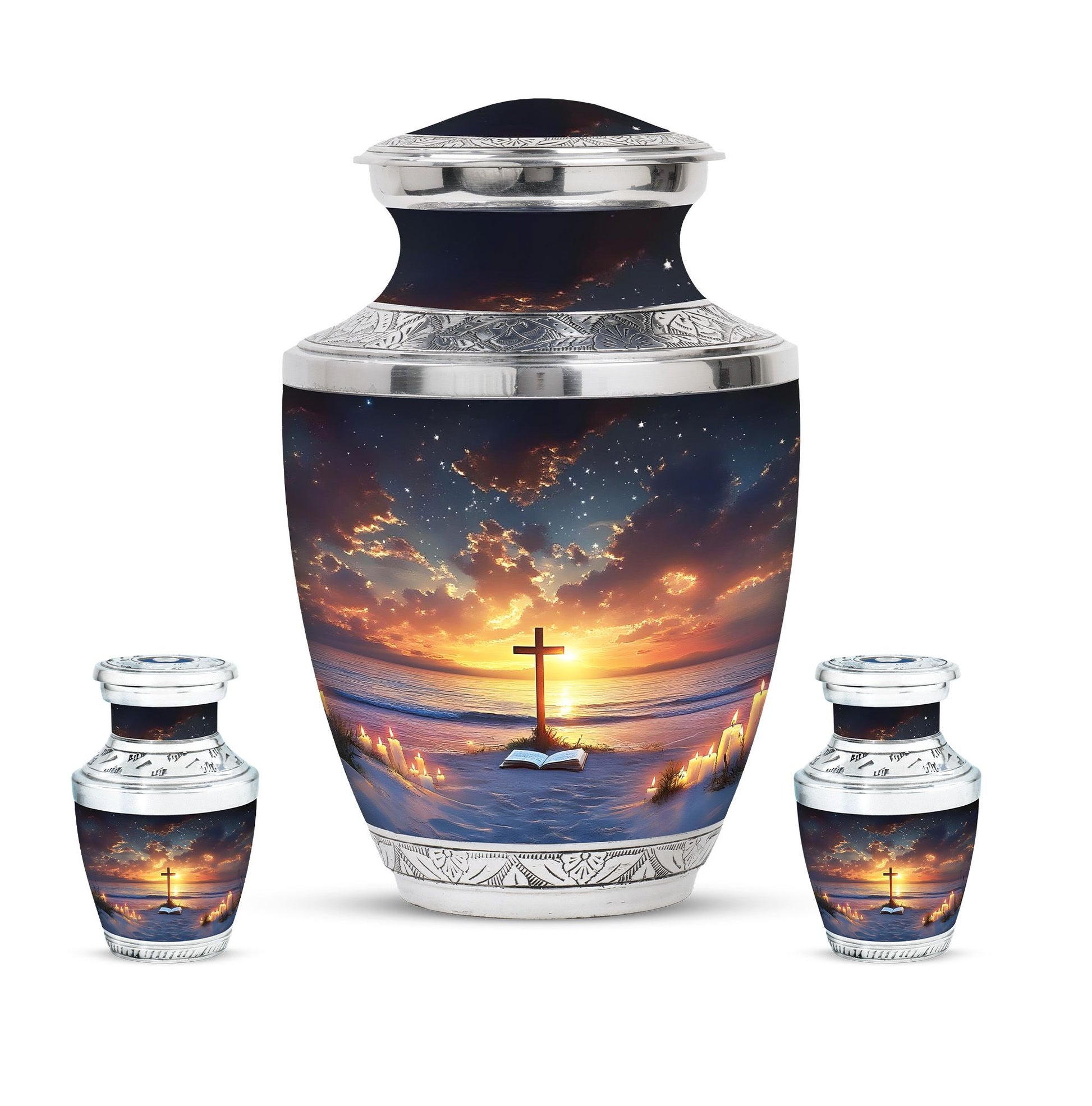 Cross Theme Large Urn With 2 Keepsake Urn